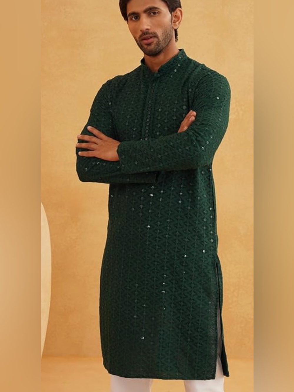 Men's Dark Green Embroidered Kurta sequined - Classic Festive Wear - Picture 2 of 8